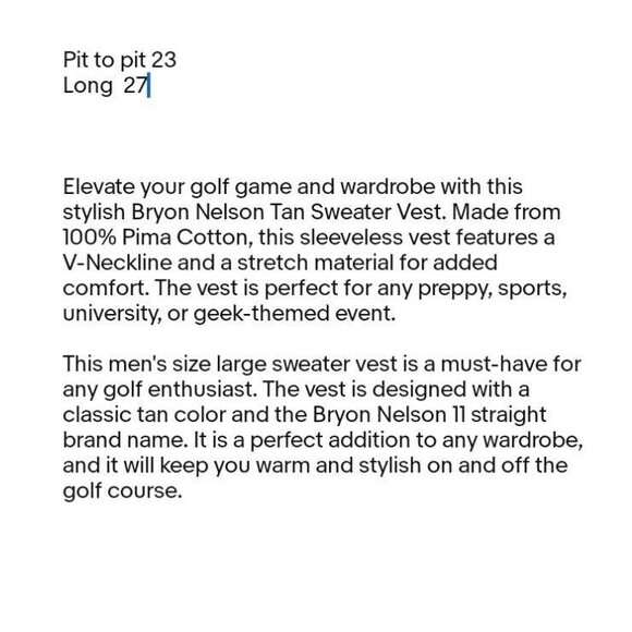 Bryon Nelson Tan Sweater Vest Men’s Size Large Golf 100%  Pima Cotton Stretch - Picture 8 of 9